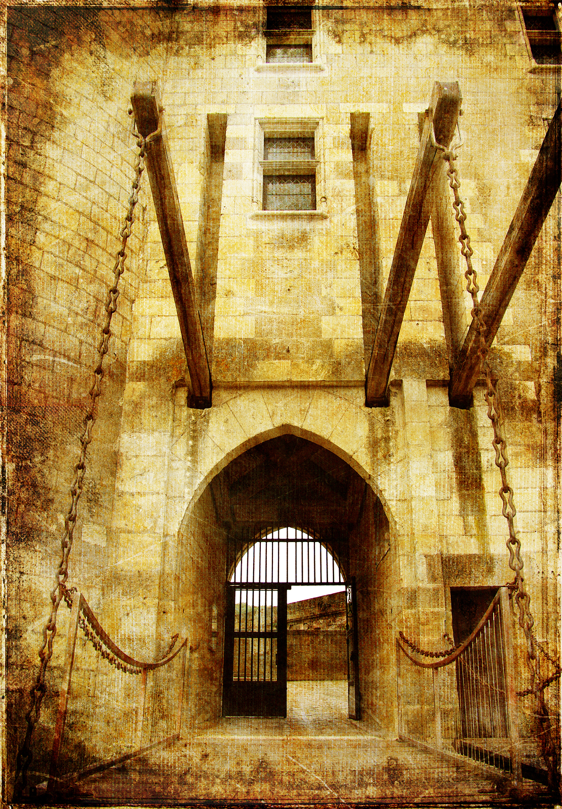 castle' entrance gate - picture in retro style